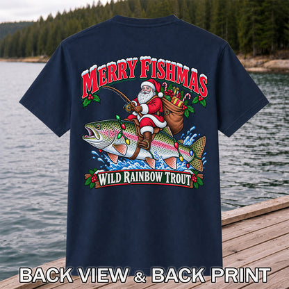 Merry Fishmas Santa Riding a Wild Rainbow Trout Christmas Fishing T-Shirt | Back Print