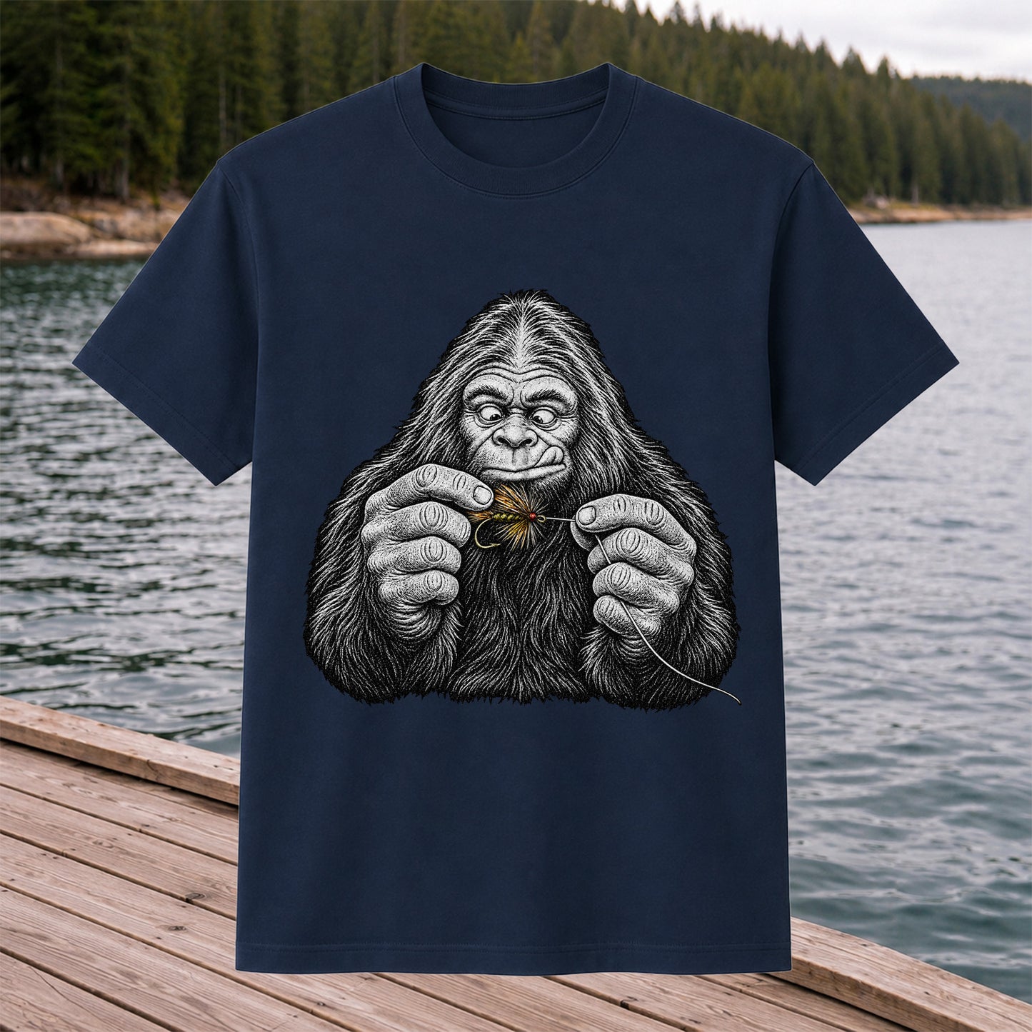 Bigfoot Tying a Fly Fishing Lure Graphic T-Shirt