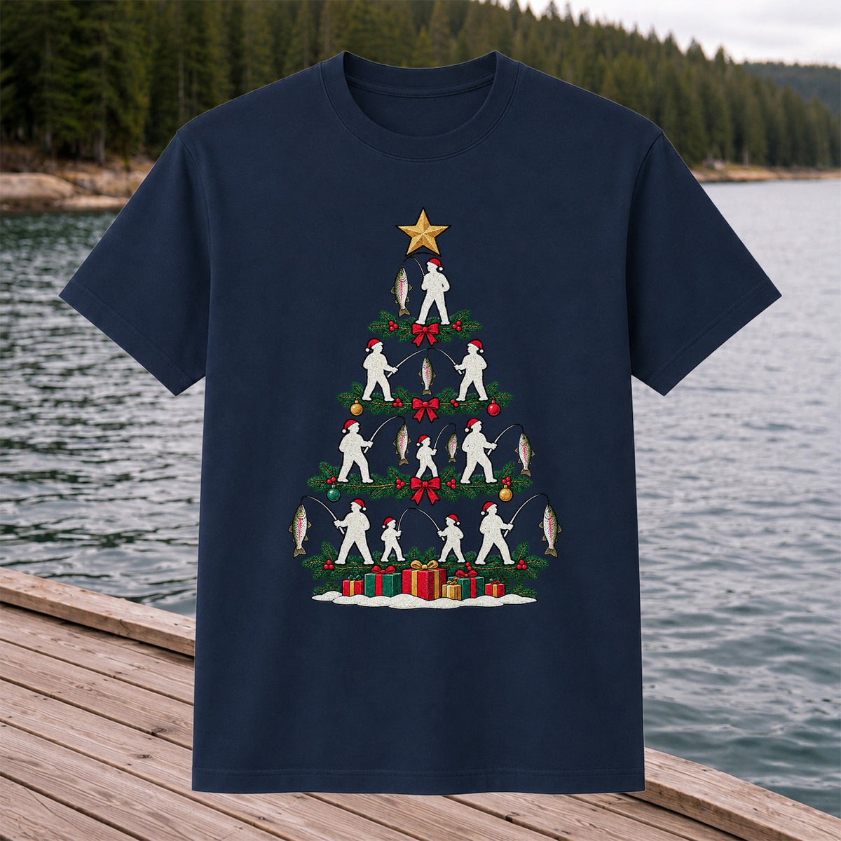 Christmas Tree with Anglers and Rainbow Trout Fishing Graphic T-Shirt