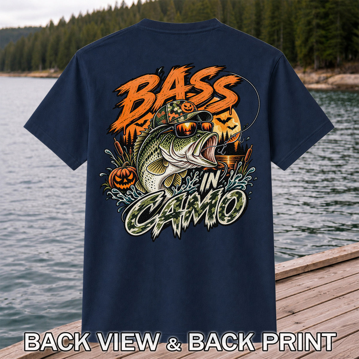 Bass in Camo Halloween Pumpkin Bass Fishing Graphic T-Shirt | Back Print