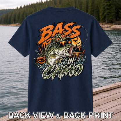 Bass in Camo Halloween Pumpkin Bass Fishing Graphic T-Shirt | Back Print
