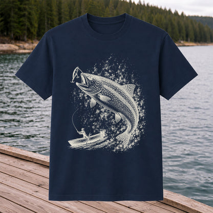 Leaping Trout Striking Lure from Fishing Boat Graphic T-Shirt