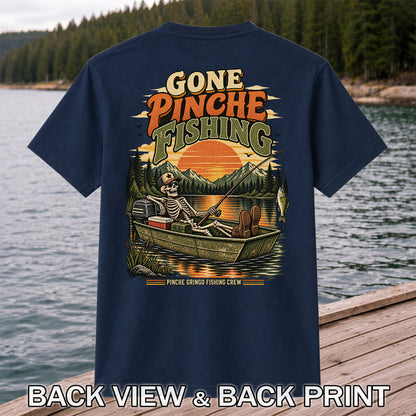 Gone Pinche Fishing Skeleton in a Boat Retro Graphic T-Shirt | Back Print