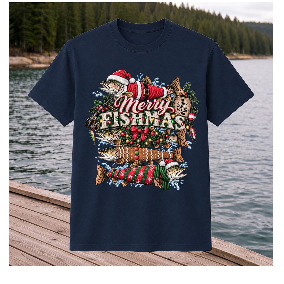 Merry Fishmas Tis the Season to Fish Christmas Trout T-Shirt