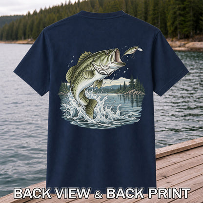 Jumping Largemouth Bass Chasing a Lure Lake Fishing Graphic T-Shirt | Back Print