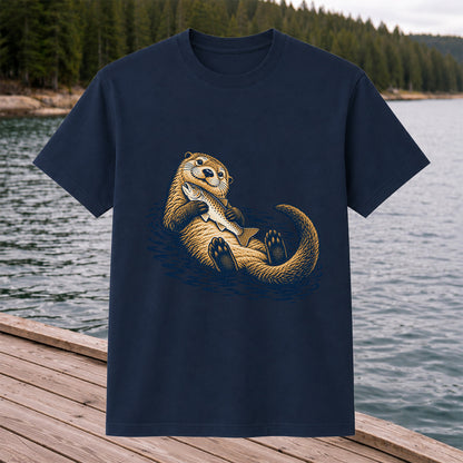 Cute Otter Holding Fish Hand Drawn Fishing Graphic T-Shirt