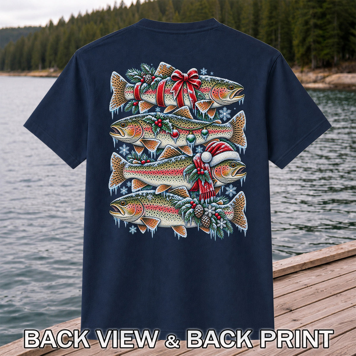 Festive Rainbow Trout Christmas Fishing Graphic T-Shirt | Back Print