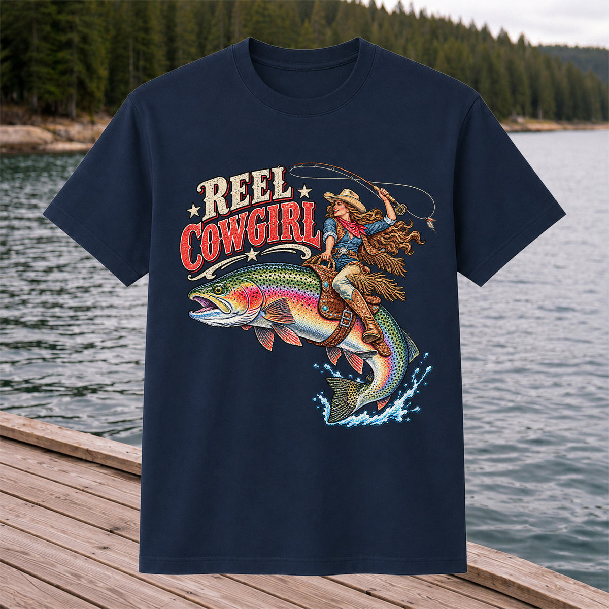 Reel Cowgirl Riding a Rainbow Trout Fly Fishing T-Shirt