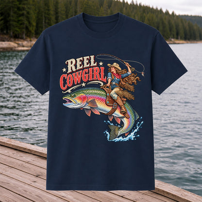 Reel Cowgirl Riding a Rainbow Trout Fly Fishing T-Shirt