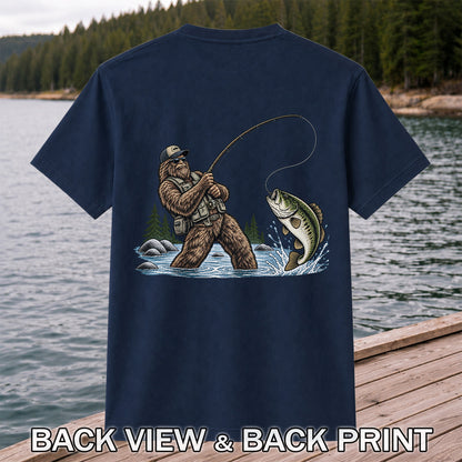 Bear Catching Bass Fishing Graphic T-Shirt | Back Print