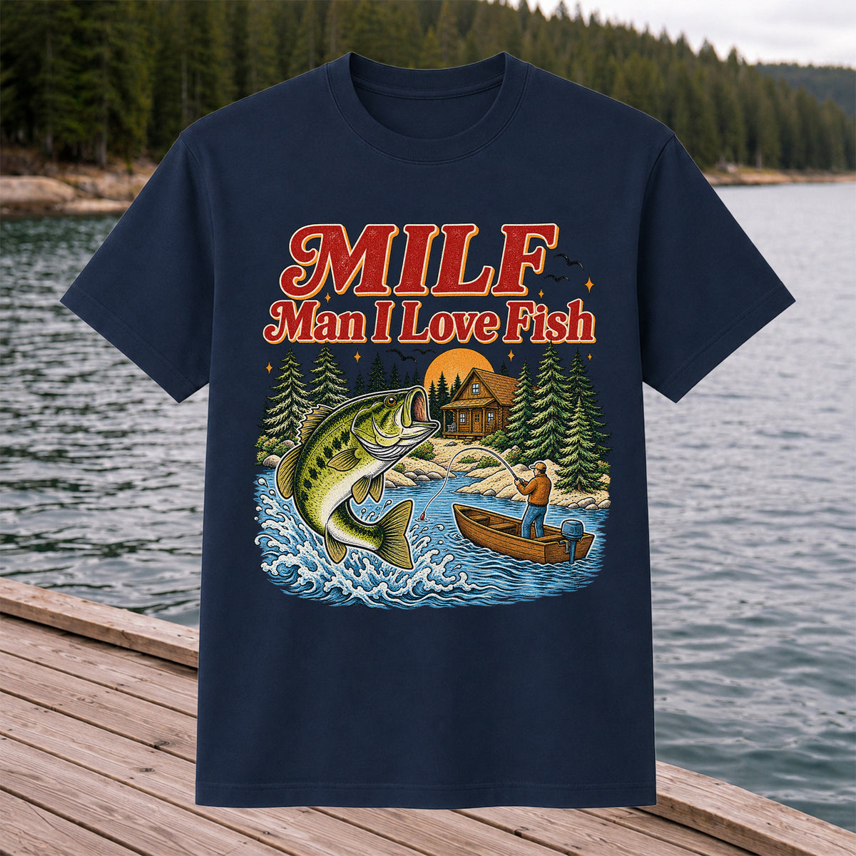 MILF Man I Love Fish Bass Lake Fishing Graphic T-Shirt