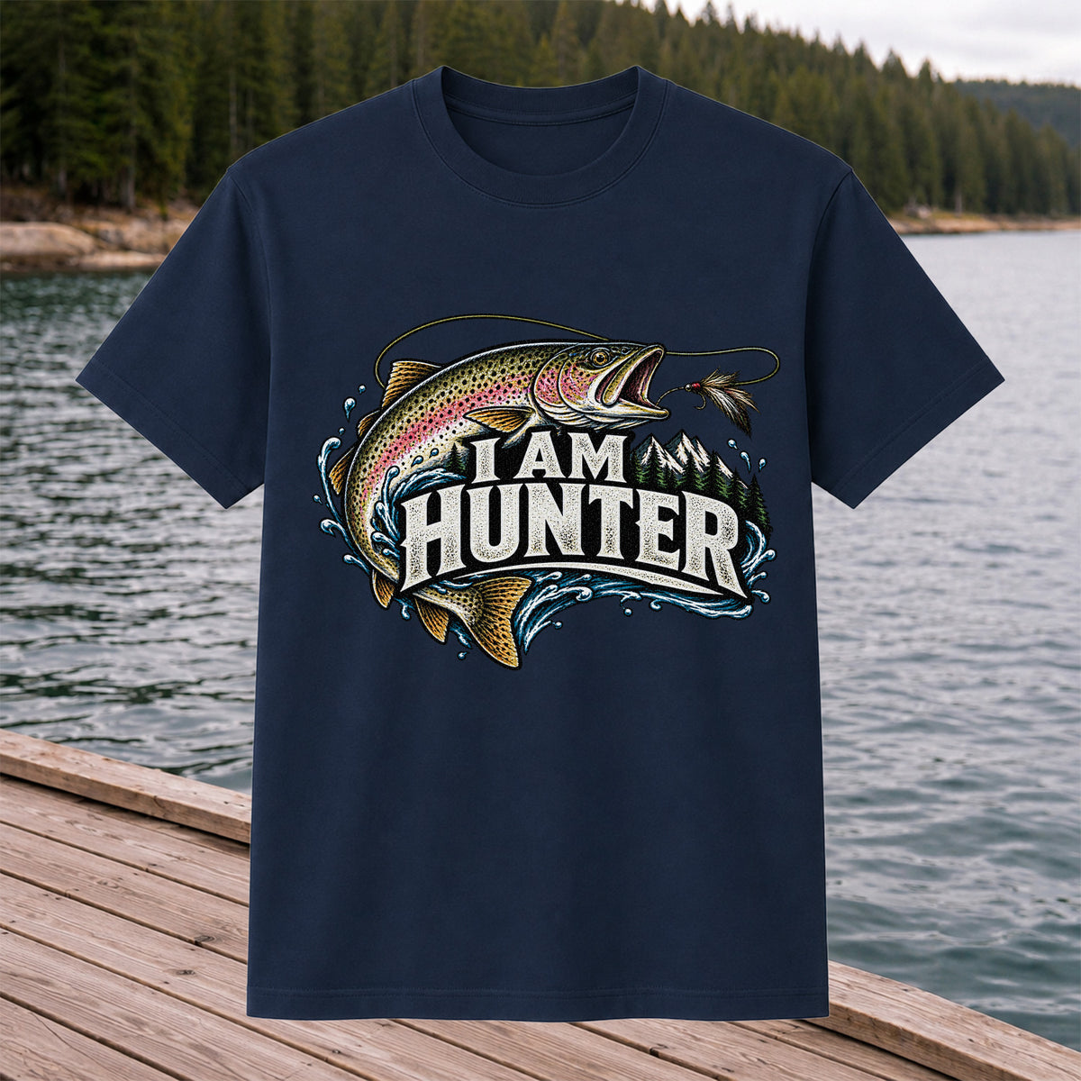 I Am Hunter Rainbow Trout Fly Fishing Mountain Graphic T-Shirt