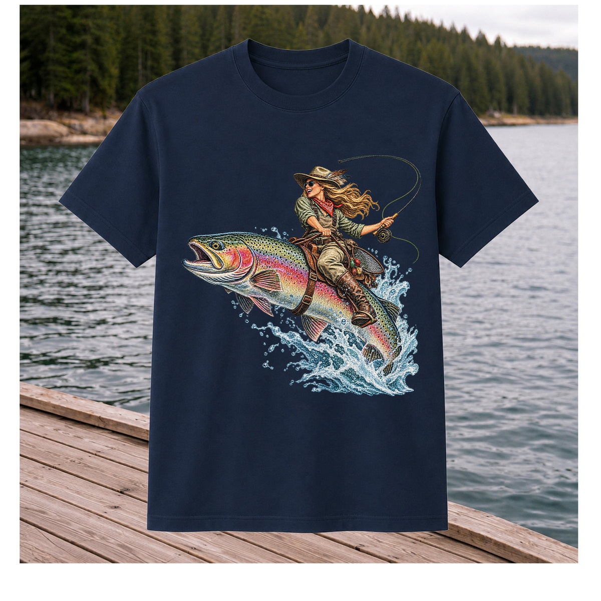 Cowgirl Riding a Rainbow Trout Fly Fishing Graphic T-Shirt