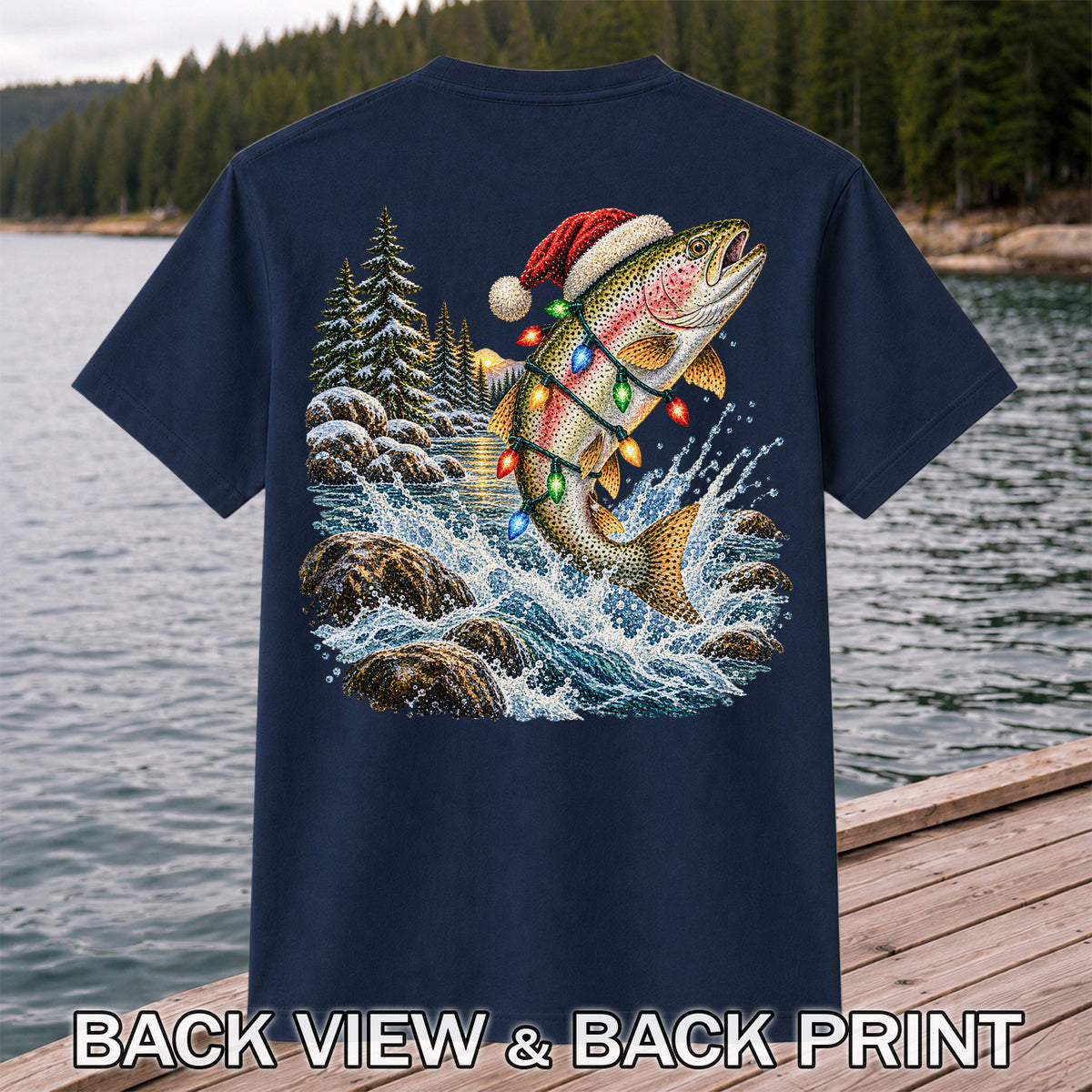 Santa Hat Rainbow Trout Christmas Fishing Graphic T-Shirt | Back Print