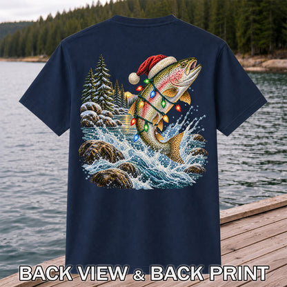 Santa Hat Rainbow Trout Christmas Fishing Graphic T-Shirt | Back Print