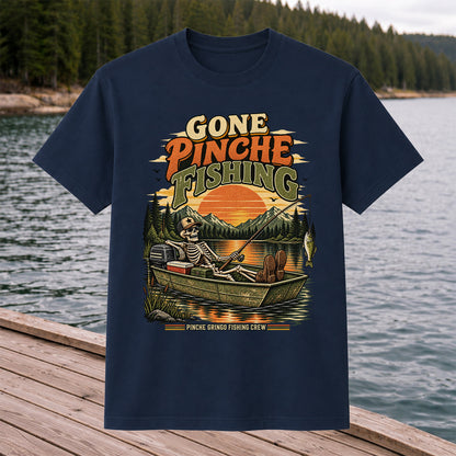 Gone Pinche Fishing Skeleton in a Boat Retro Graphic T-Shirt