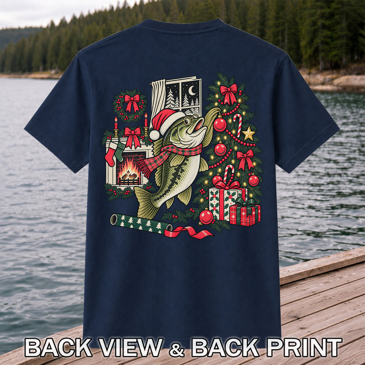 Christmas Bass Fishing Fireplace Tree Graphic T-Shirt | Back Print