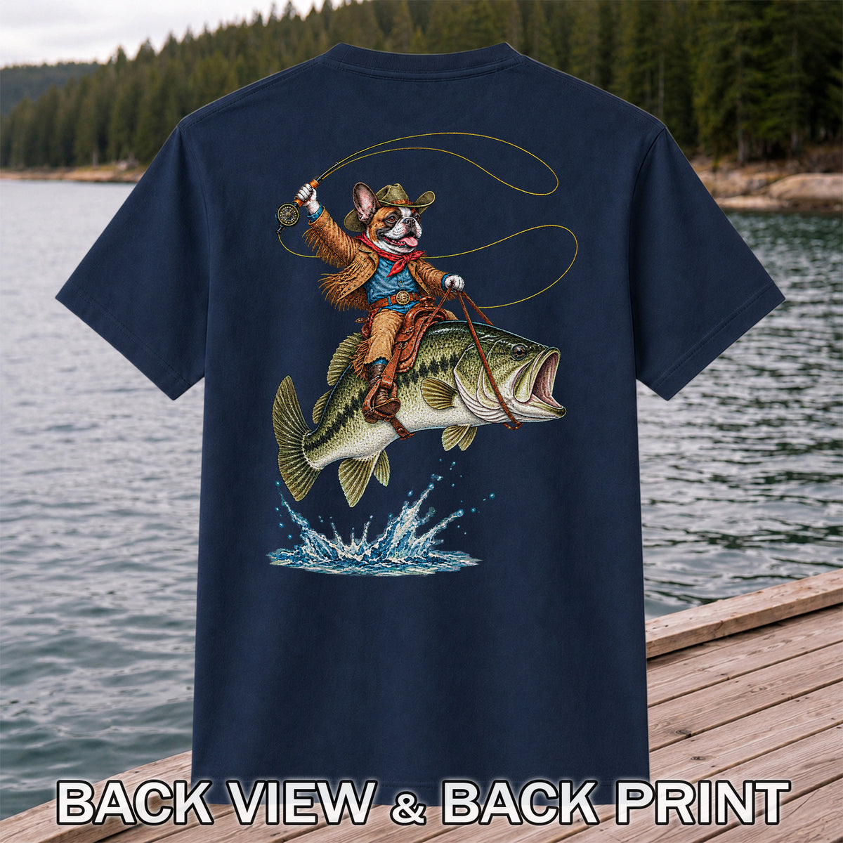 French Bulldog Cowboy Riding a Bass Fishing Graphic T-Shirt | Back Print