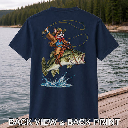 French Bulldog Cowboy Riding a Bass Fishing Graphic T-Shirt | Back Print