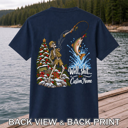 Skeleton Angler Christmas Fishing Personalized Graphic T-Shirt | Back Print