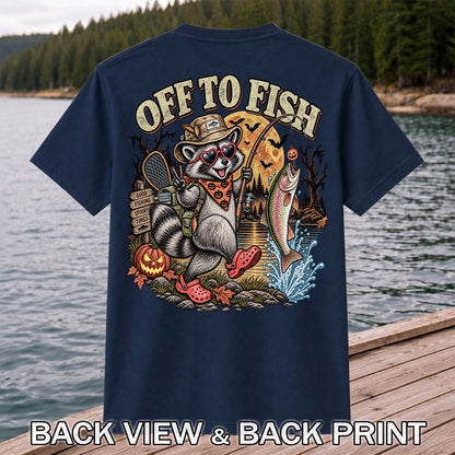 Off to Fish Raccoon and Trout Halloween T-Shirt - Good Fishing Spooky Times | Back Print