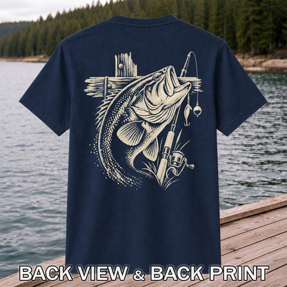 Largemouth Bass Fishing Rod Vintage Graphic T-Shirt | Back Print