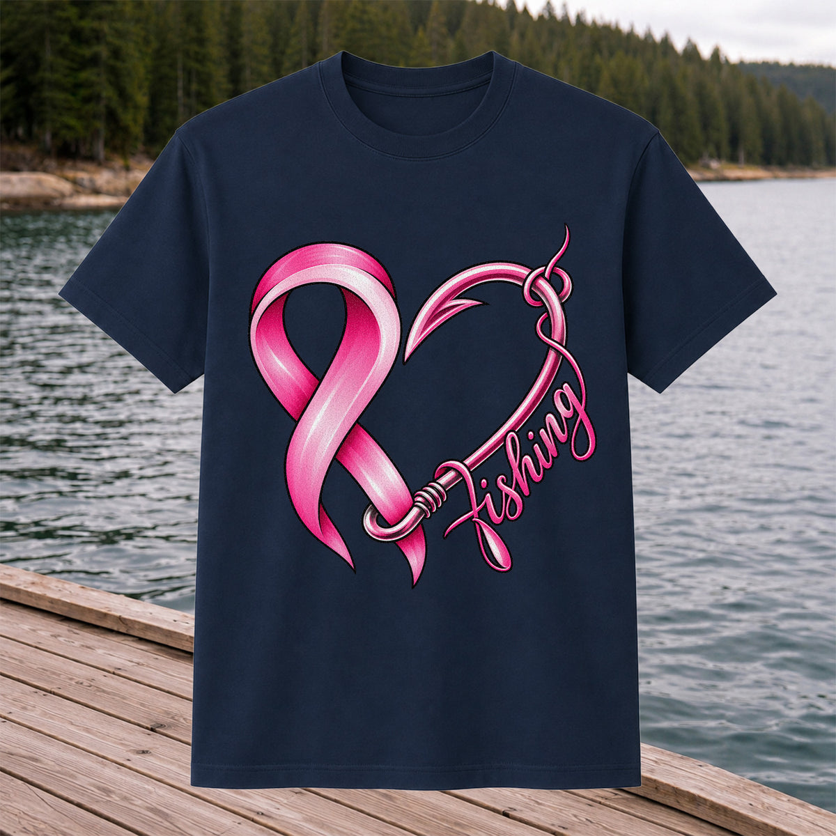 Pink Ribbon Heart Fish Hook Fishing Graphic T-Shirt