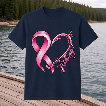 Pink Ribbon Heart Fish Hook Fishing Graphic T-Shirt