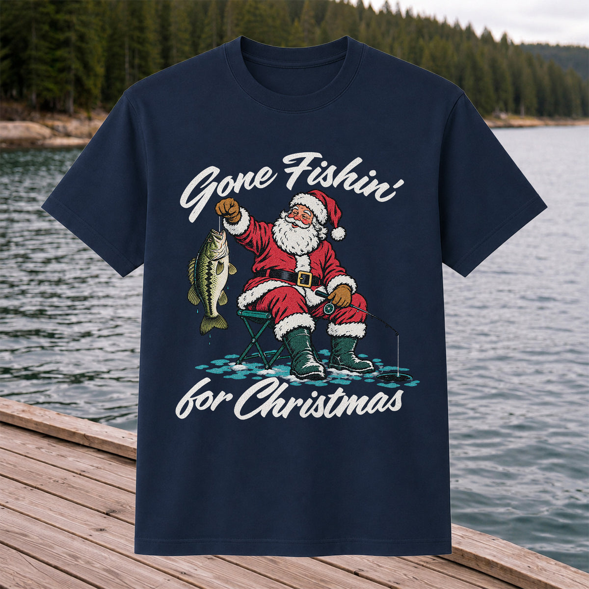 Santa Fishing with Bass Christmas Graphic T-Shirt