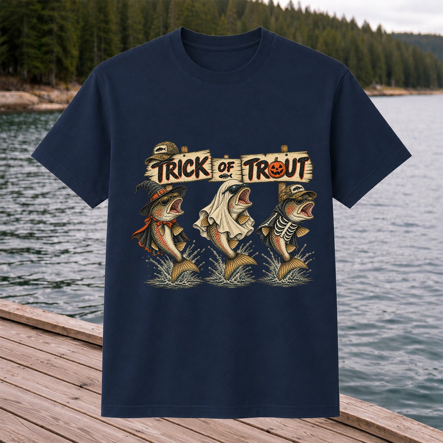 Trick or Trout Halloween Three Trout Fishing T-Shirt