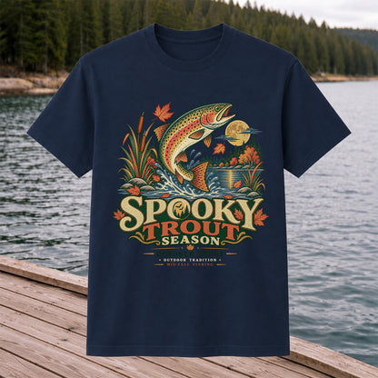 Spooky Trout Season Mid-Fall Fishing Graphic T-Shirt