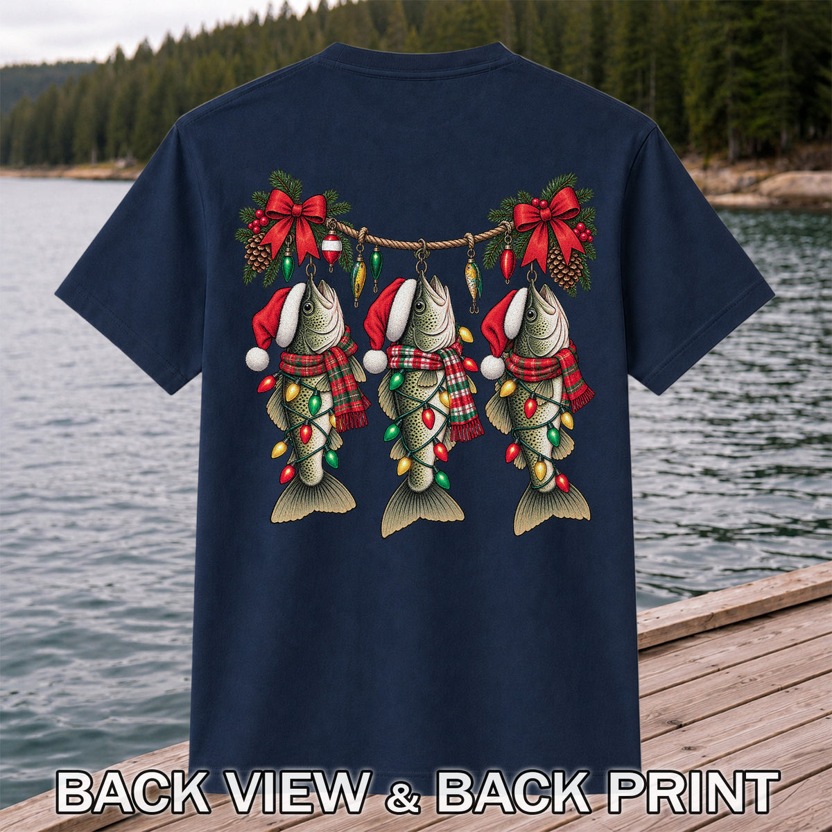 Christmas Fish Ornament Fishing Graphic T-Shirt | Back Print