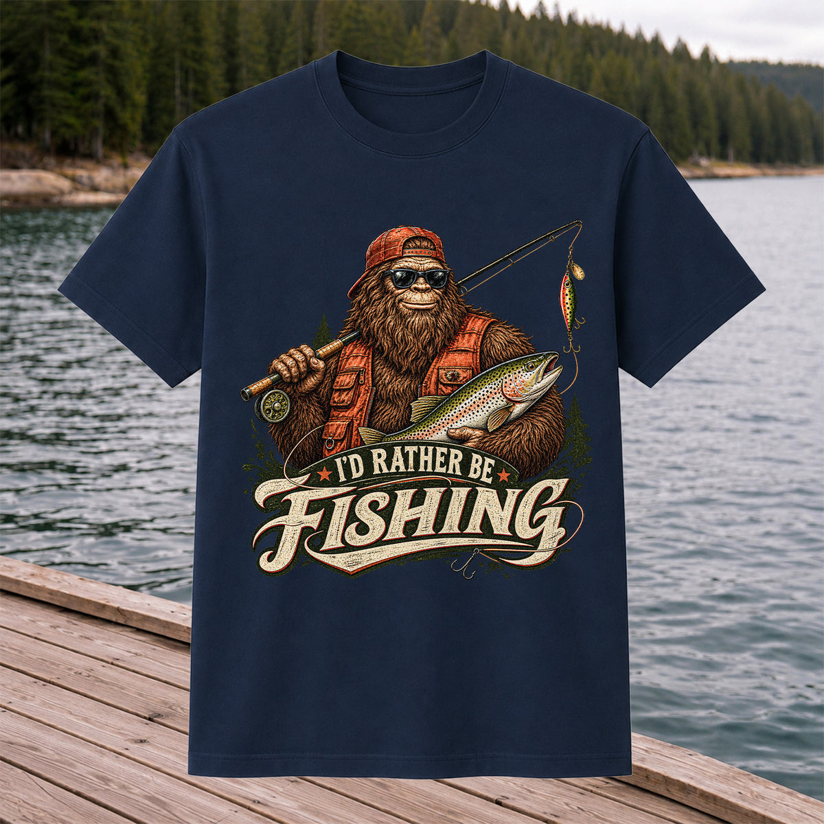 Bigfoot Holding Trout Funny Fishing Graphic T-Shirt