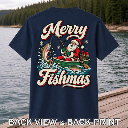 Merry Fishmas Santa Catching Rainbow Trout in a Boat Fishing T-Shirt | Back Print