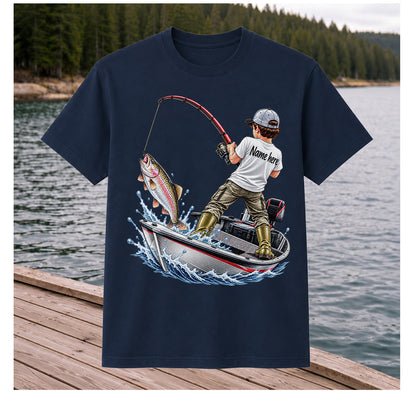 Personalized Boy Fishing Boat and Rainbow Trout Graphic T-Shirt