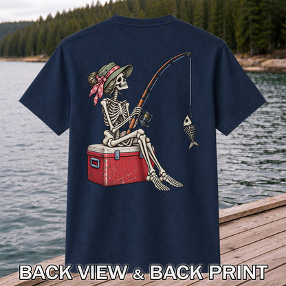 Skeleton Woman Fishing on a Cooler with Fish Bones Graphic T-Shirt | Back Print
