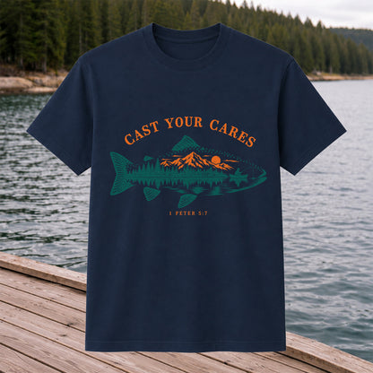Cast Your Cares 1 Peter 5:7 Fish Silhouette Mountain Lake Fishing T-Shirt