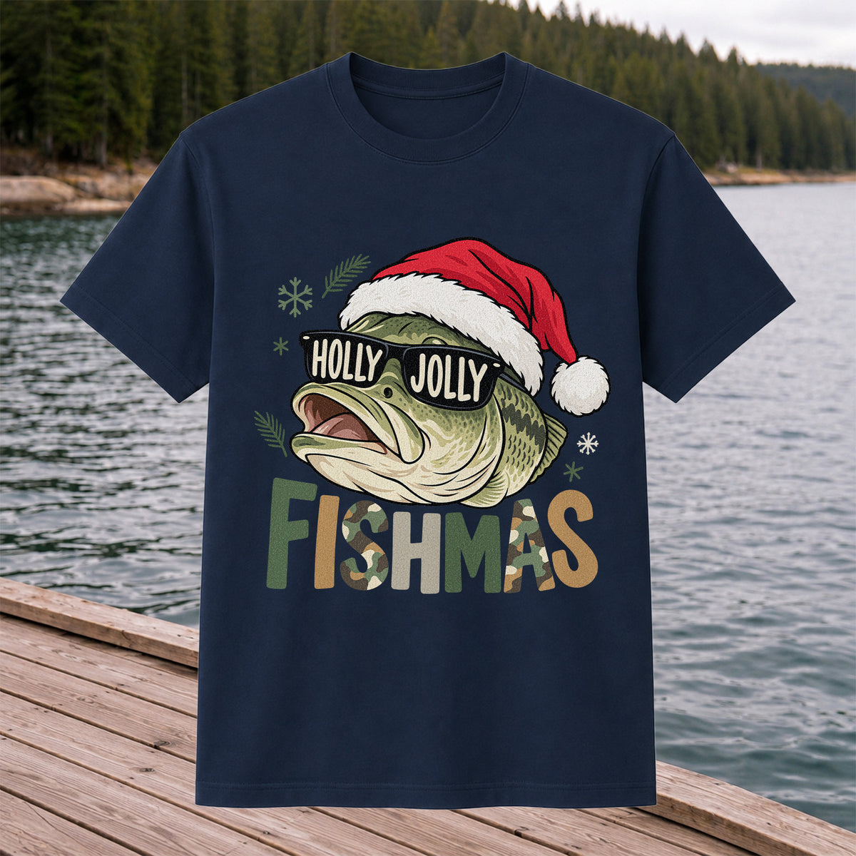 Bass Wearing Santa Hat and Holiday Glasses Fishing Graphic T-Shirt