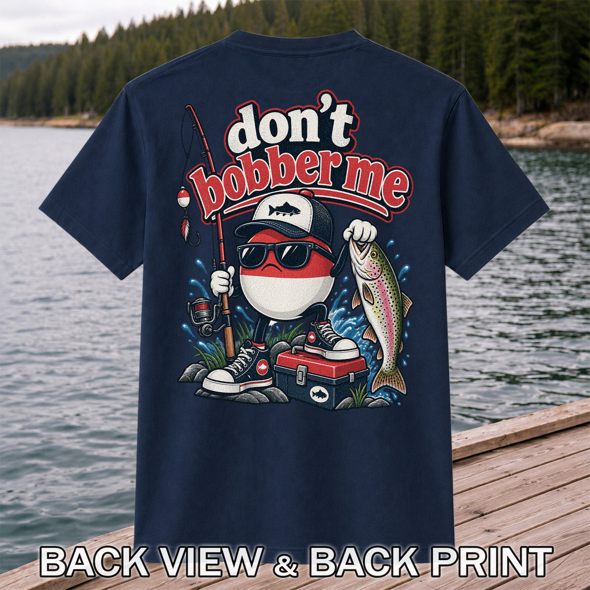 Don't Bobber Me Funny Fishing Bobber Holding Rainbow Trout T-Shirt | Back Print