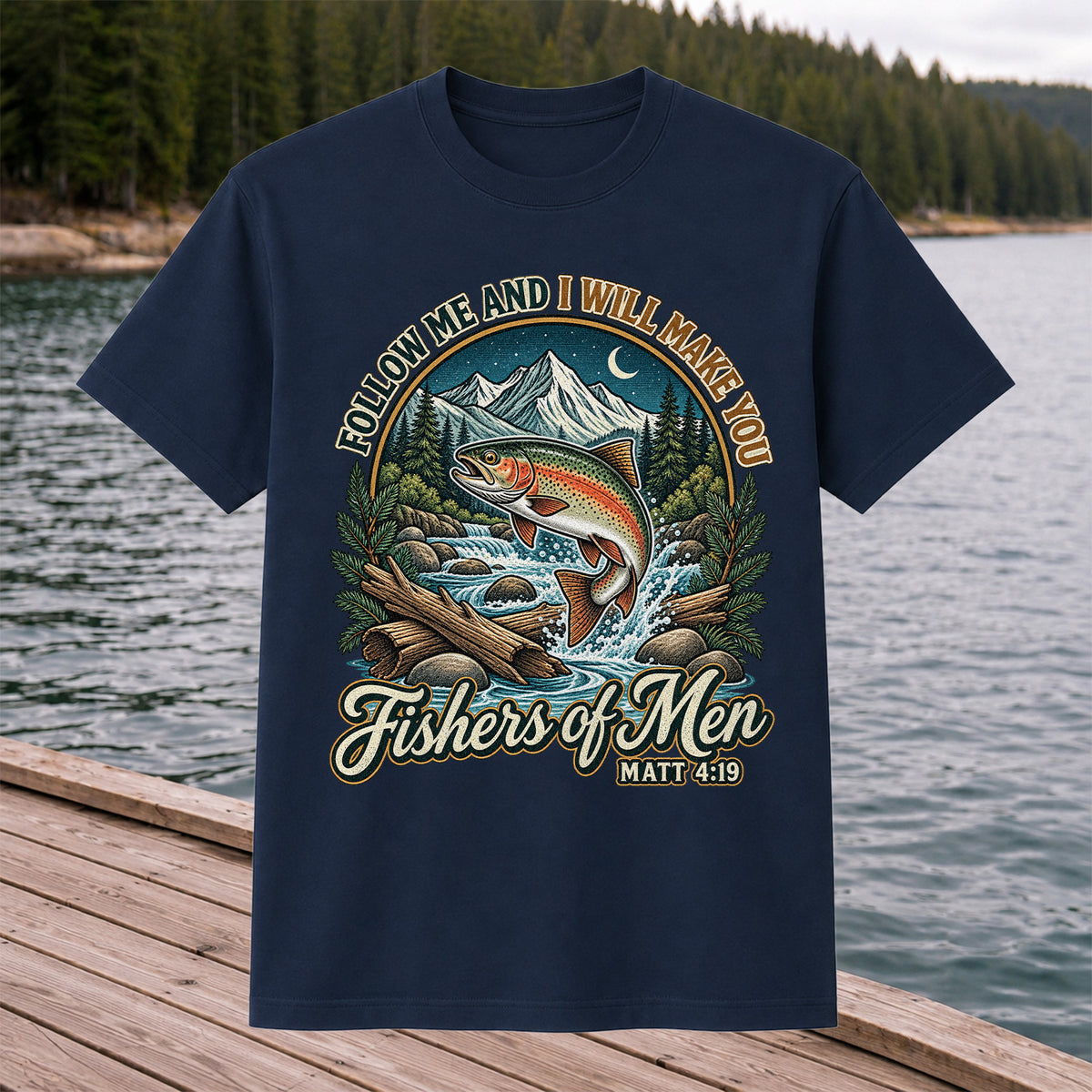 Follow Me and I Will Make You Fishers of Men Matt 4:19 Rainbow Trout Mountain River Fishing T-Shirt