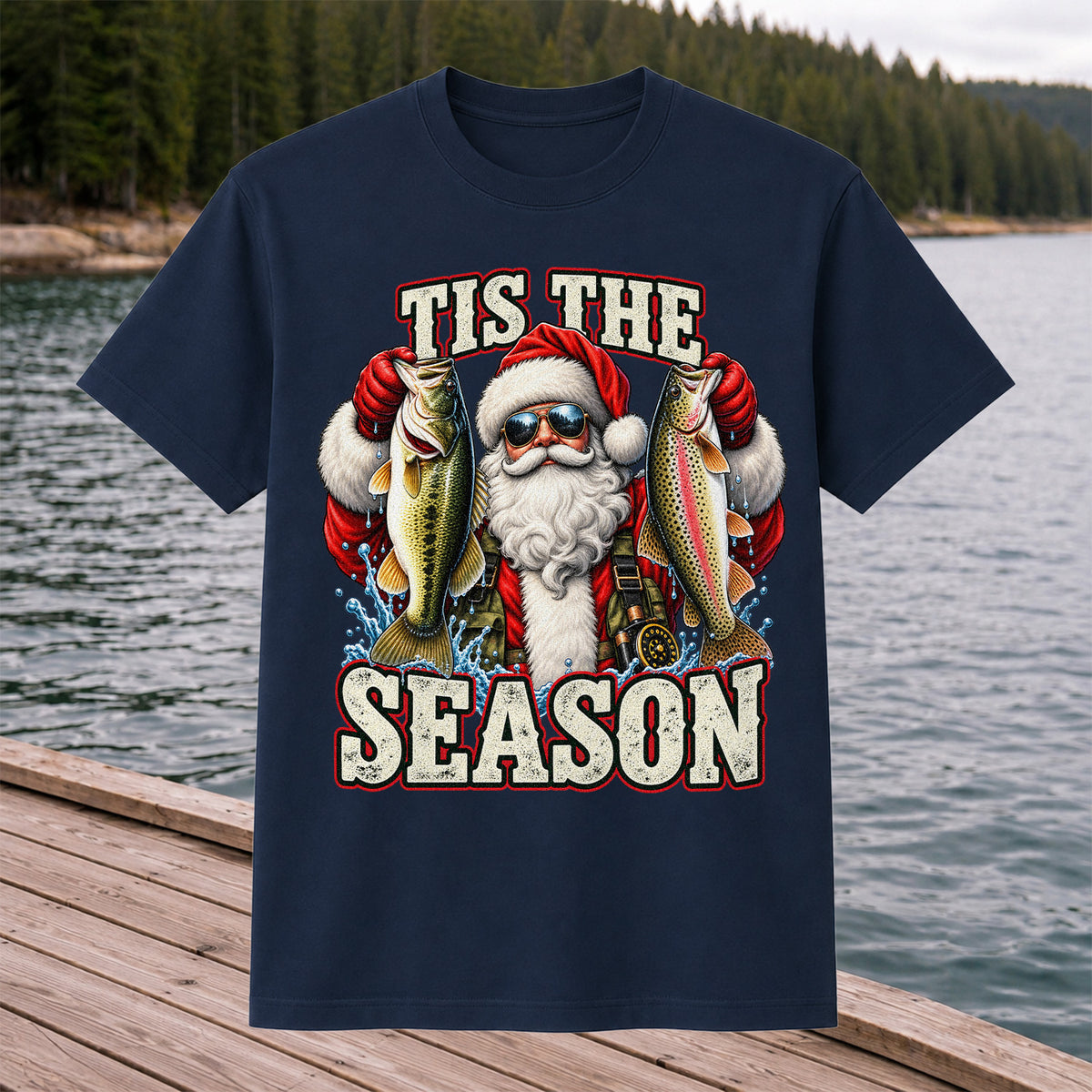 Tis the Season Santa Holding Bass and Rainbow Trout Christmas Fishing T-Shirt