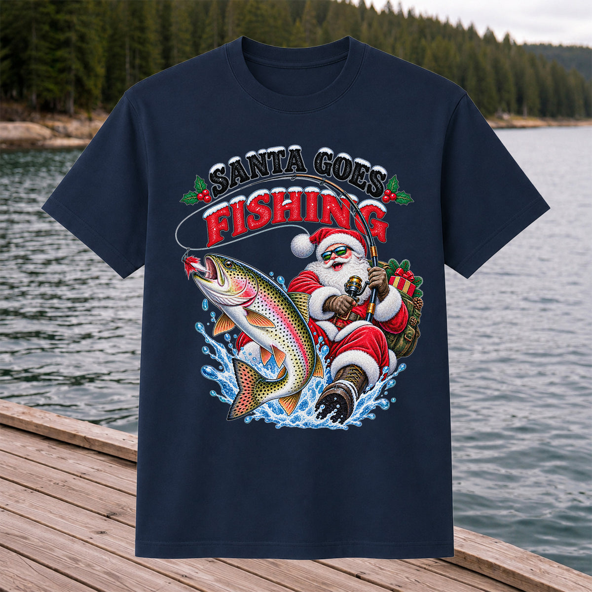 Santa Goes Fishing Rainbow Trout Christmas Graphic T-Shirt