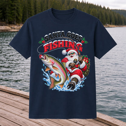 Santa Goes Fishing Rainbow Trout Christmas Graphic T-Shirt