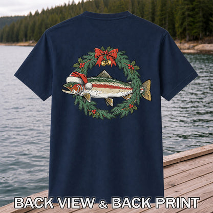 Christmas Trout Wreath Fishing Graphic T-Shirt | Back Print
