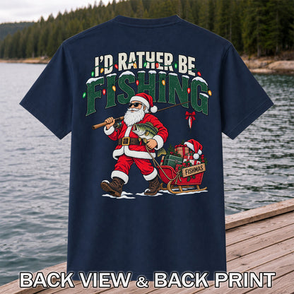 Santa Fishing with Bass Christmas Graphic T-Shirt | Back Print