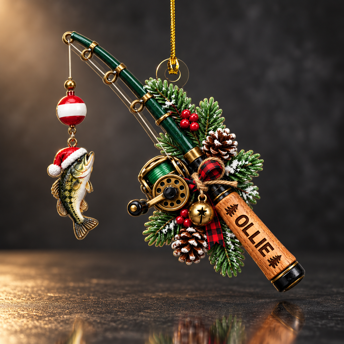 Personalized Fishing Rod Acrylic Christmas Ornament, Custom Name Fishing Gift