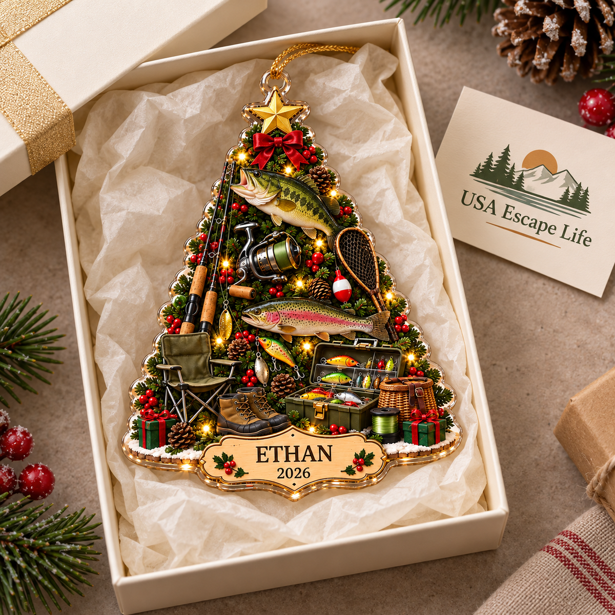 Personalized Fishing Memories Acrylic Christmas Ornament, Custom Name & Year