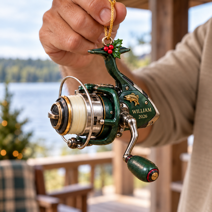 Personalized Miniature Fishing Reel Acrylic Christmas Ornament