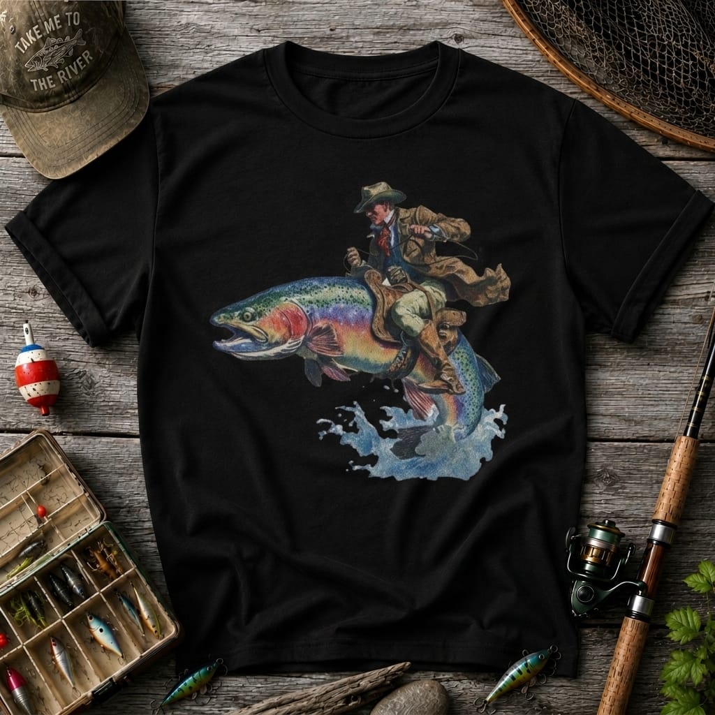 Cowboy Riding Rainbow Trout Fishing T-Shirt