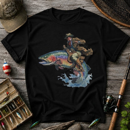 Cowboy Riding Rainbow Trout Fishing T-Shirt